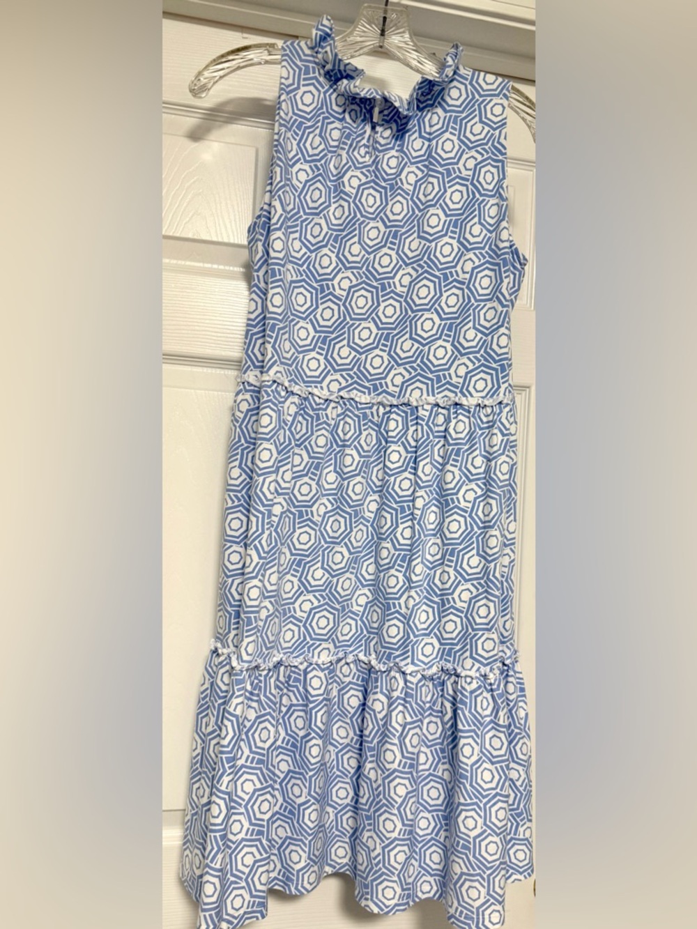 Duffield Lane Nicola Mini Dress Umbrella Sky Blue White Geometric Tiered Ruffle